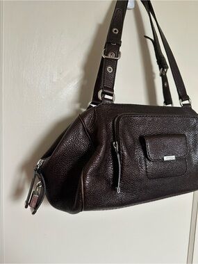 Tod's Dark Brown Pebbled Leather Padlock Shoulder Duffel Bag